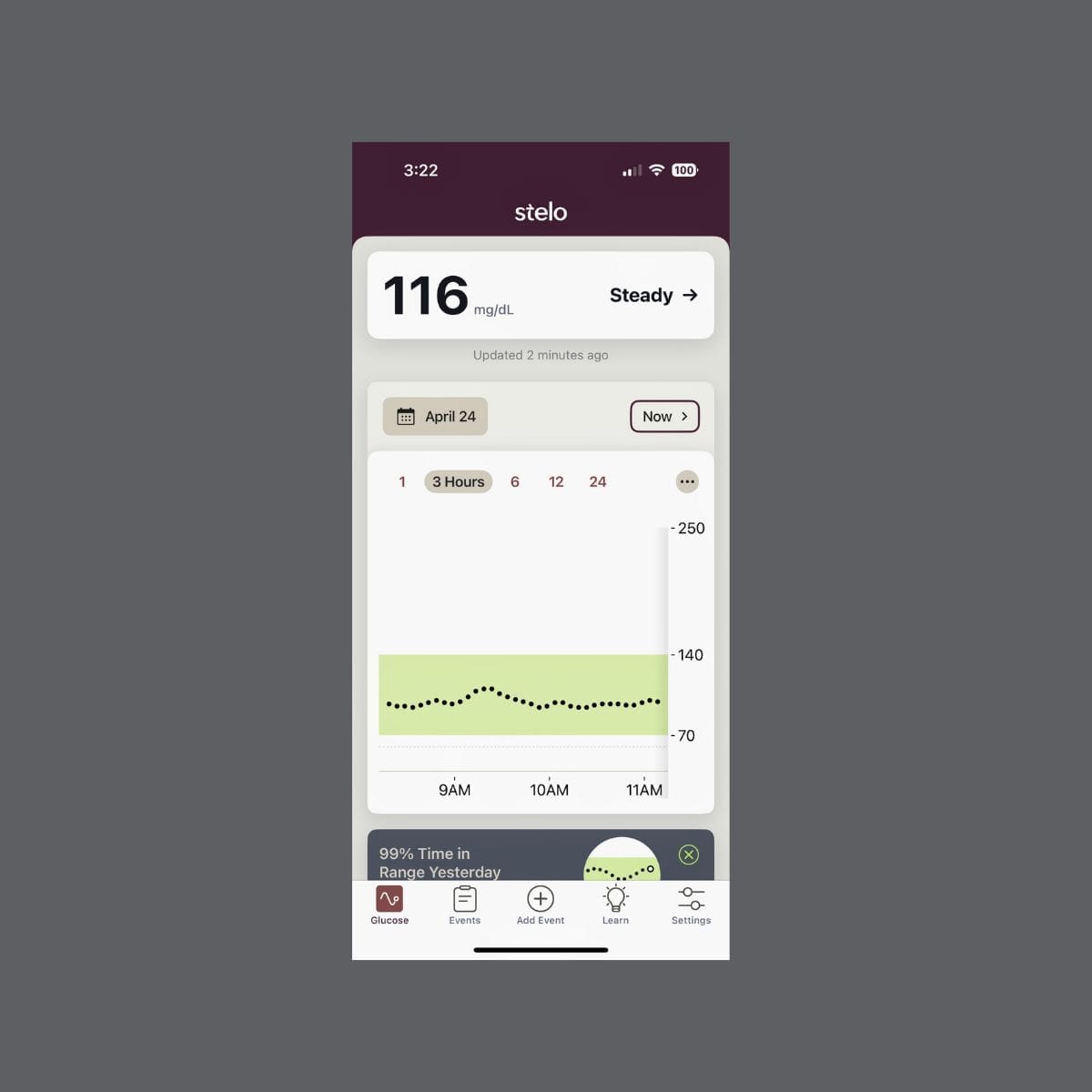 CGM data displaying stable blood sugar levels at 116 mg/dL throughout morning after whole food smoothie breakfast