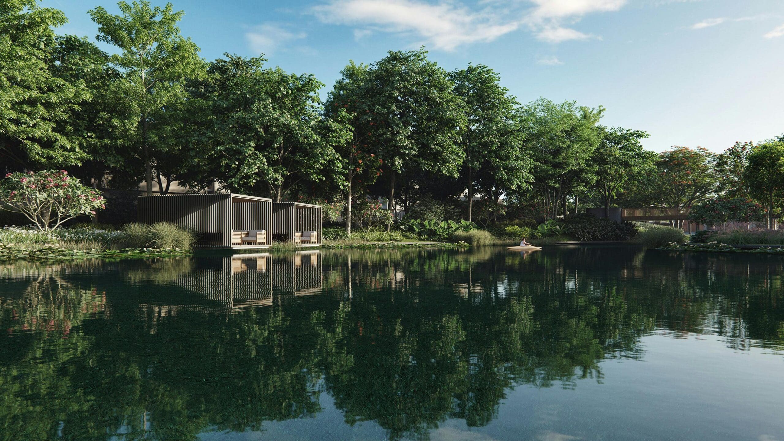 Modern wellness retreat setting with contemporary architecture reflected in calm water surrounded by lush trees and natural landscaping