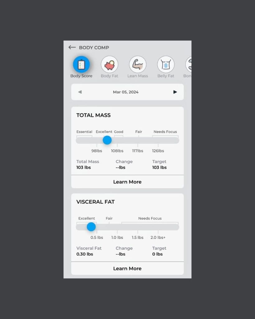 DexaFit app interface showing DEXA scan body composition results with visceral fat measurement of 0.30 lbs in excellent range, demonstrating healthy internal fat distribution from plant-based lifestyle