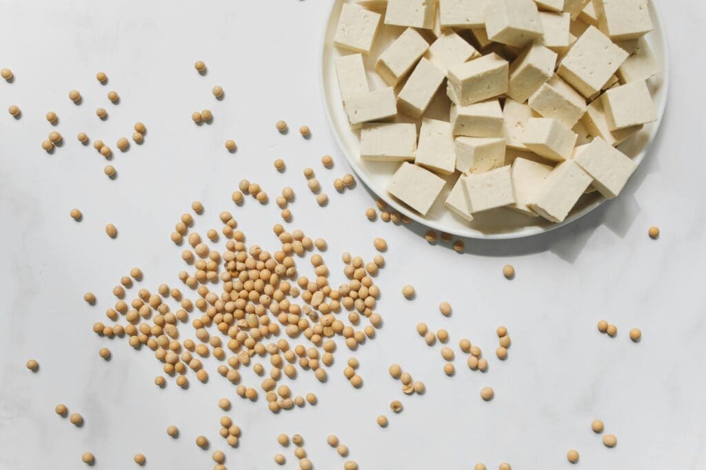 Scattered soybeans and cubed tofu arranged on white surface showing iron-rich plant-based foods
