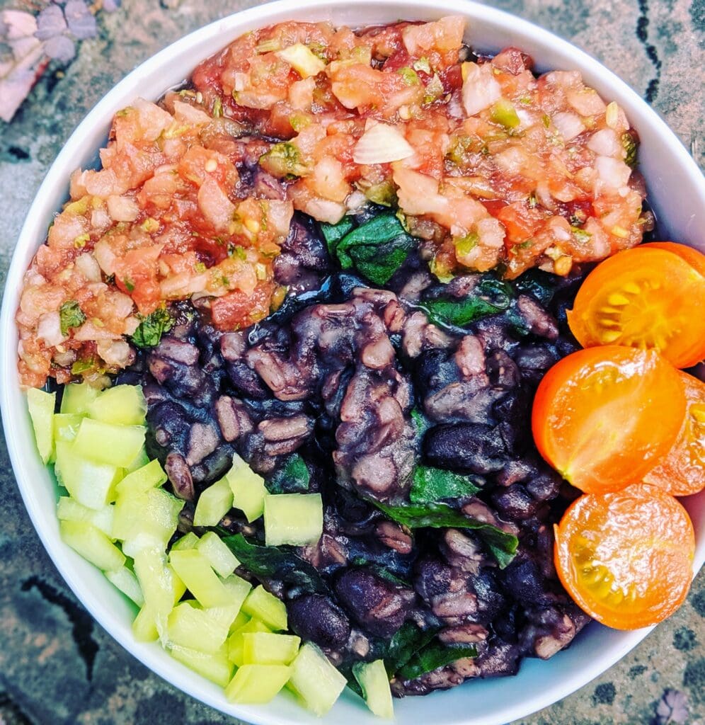 Colorful bowl with black beans, rice, kale, salsa, and cherry tomatoes showing plant-based protein variety