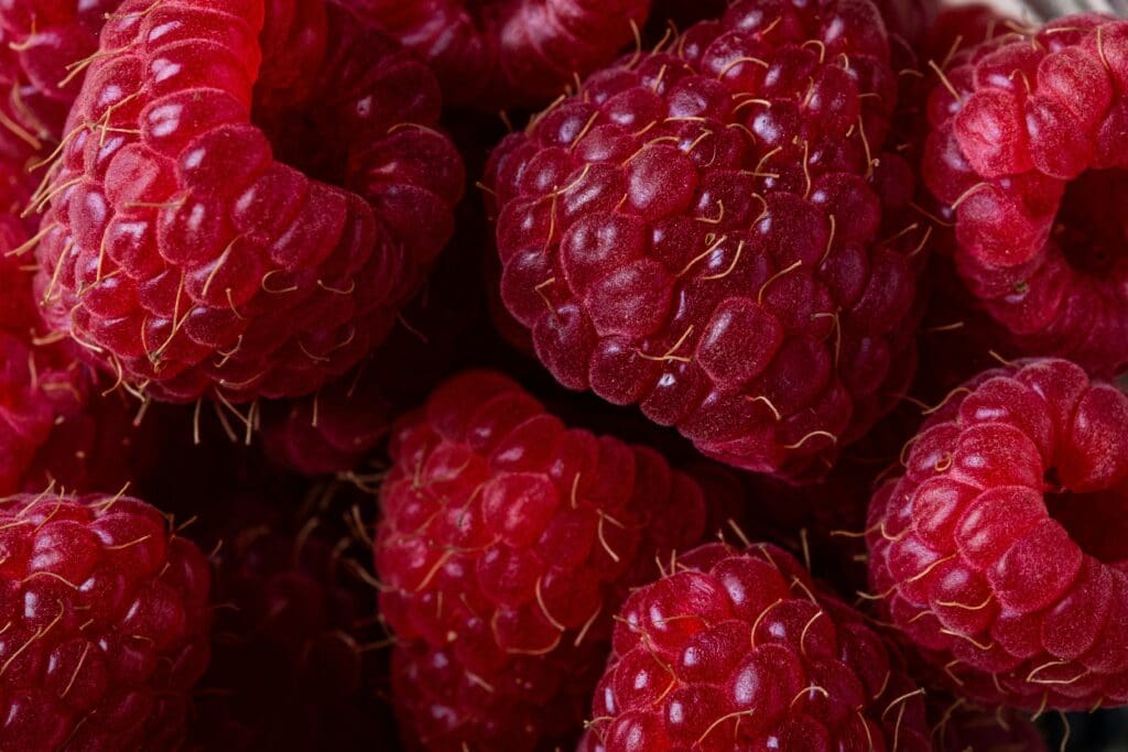 Close-up macro photograph of fresh red raspberries showing detailed texture and natural fiber-rich structure