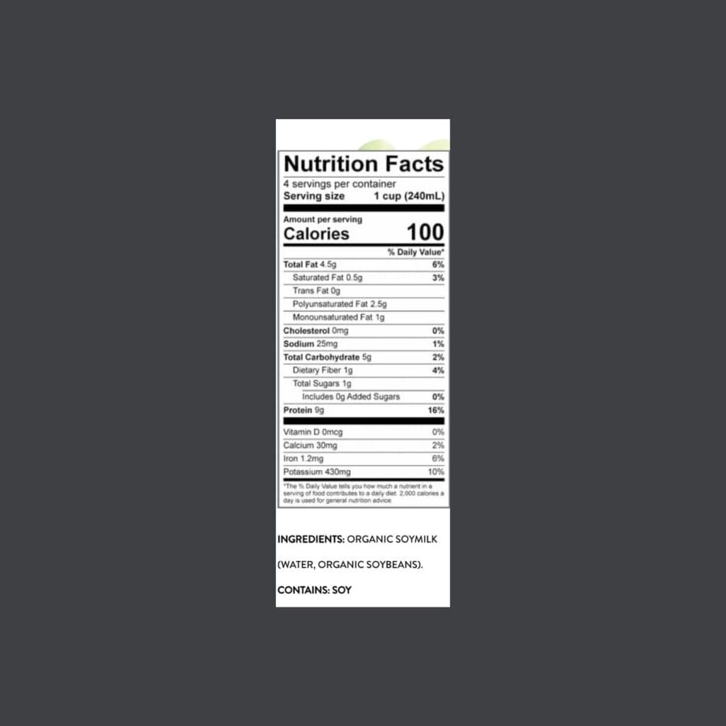 West Life organic soy milk nutrition facts label showing 9g protein and clean ingredient list with water and organic soybeans