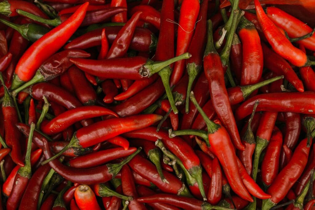 Close-up of red and dark red chili peppers with green stems scattered across surface