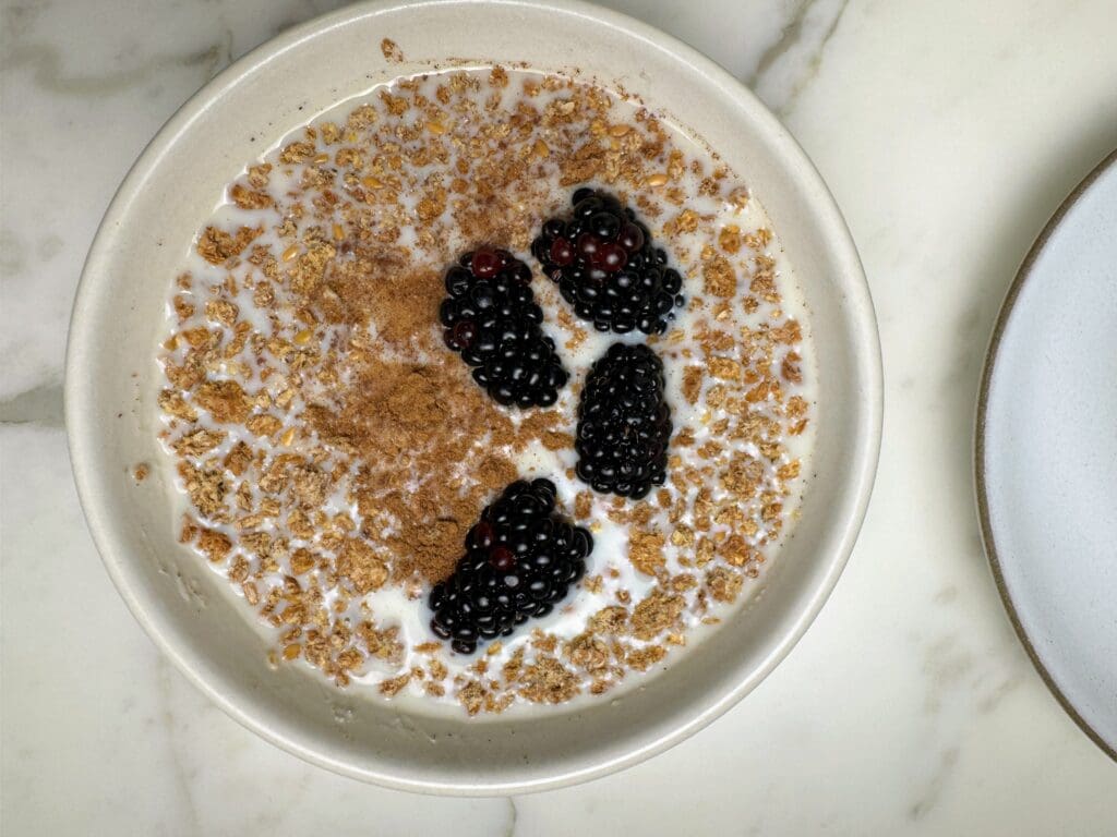 Overhead view of a white ceramic bowl filled with Ezekiel sprouted grain cereal, unsweetened soy milk, blackberries, and cinnamon on a marble surface.